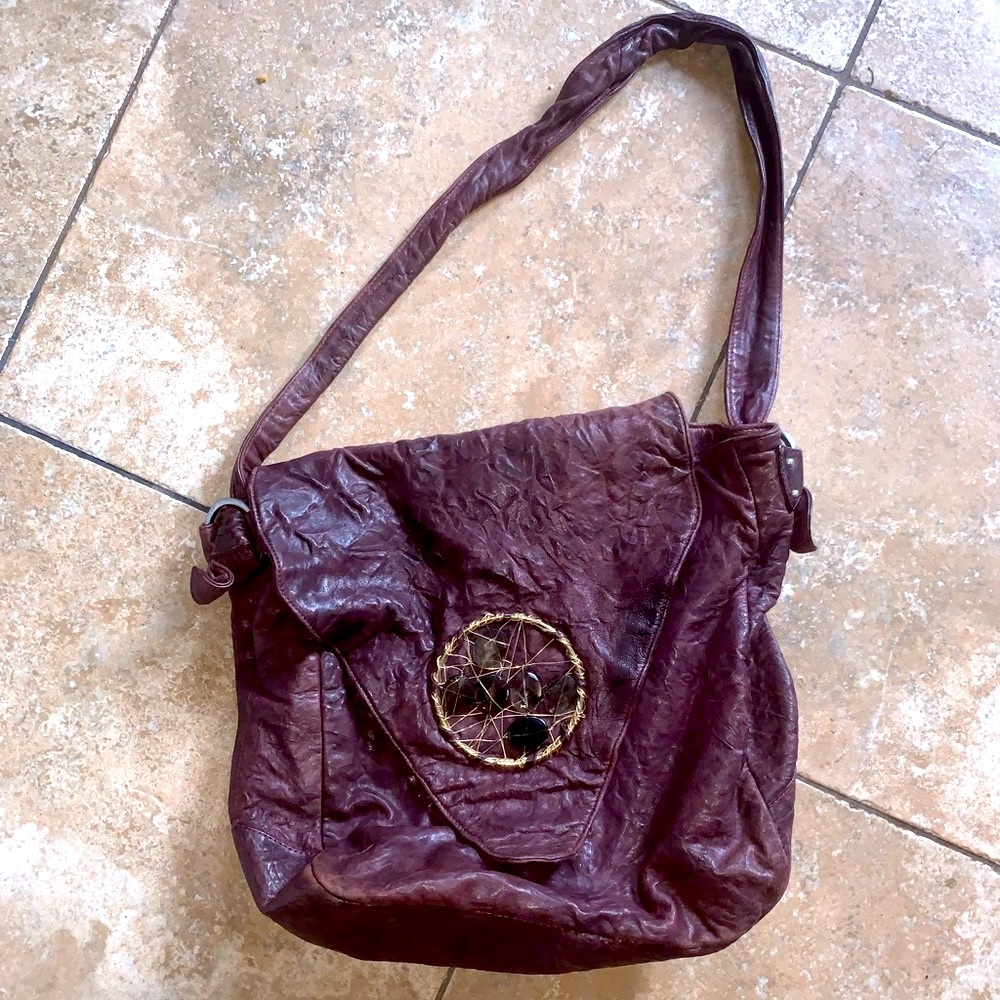 Distressed Purple Leather Messenger Bag w Crystals